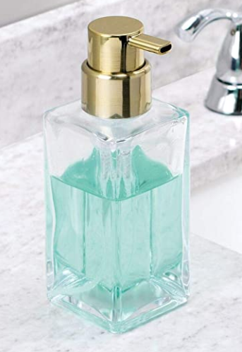 Soap Dispenser, Modern Square Clear Glass & Brass