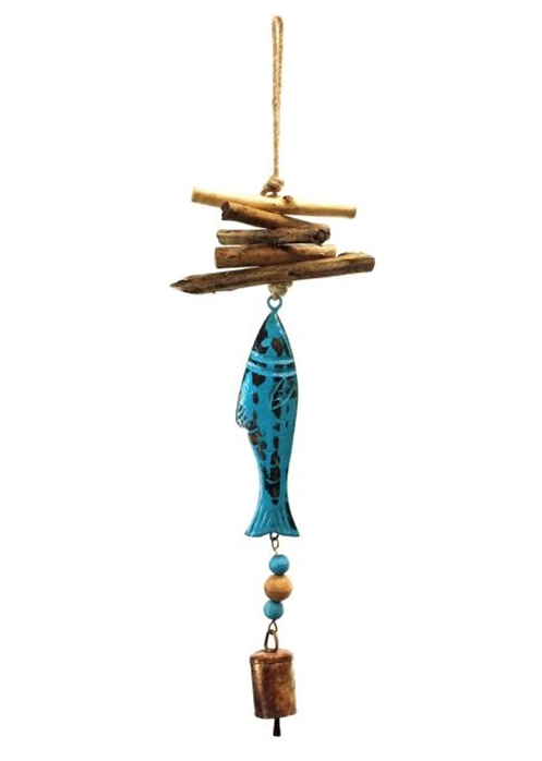 Driftwood Bell Chime, Vintage Blue Fish 18"