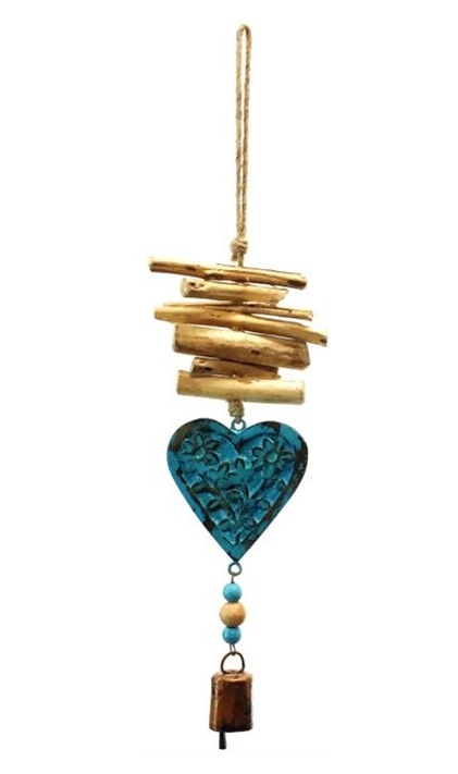 Driftwood Bell Chime, Vintage Blue Heart 18"