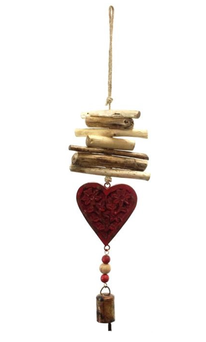 Driftwood Bell Chime, Vintage Red Heart 18"