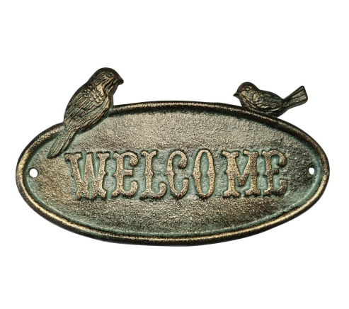 Welcome Sign, Antiqued Birds, Cast Iron