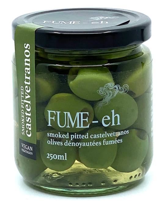 FUME-eh, Smoked, Pitted Castelvetranos Olives Jar