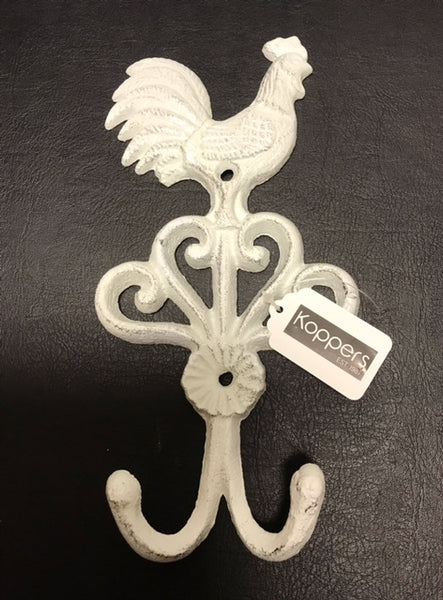 Rooster Double Hook White, Cast Iron