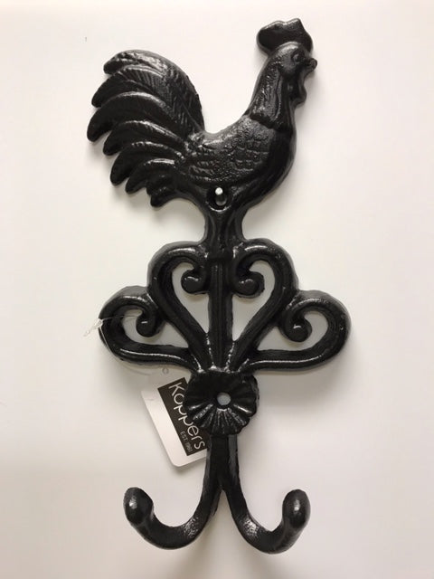 Rooster Double Hook Black, Cast Iron