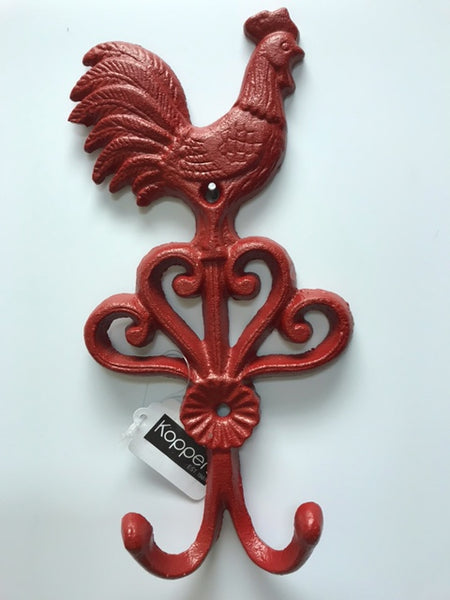 Rooster Double Hook Red, Cast Iron